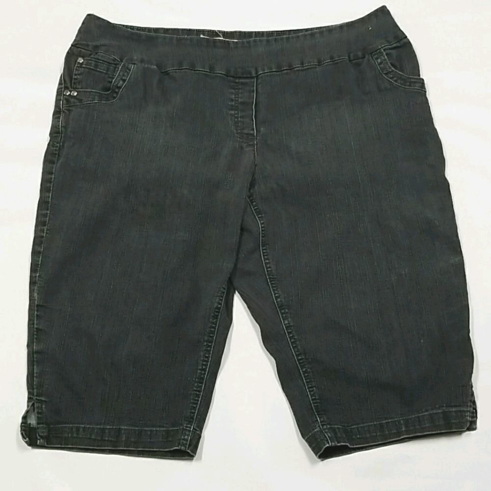 Contrast Jean Shorts Women's 20p Stretchy Elastic Waist Black Pull On Causal